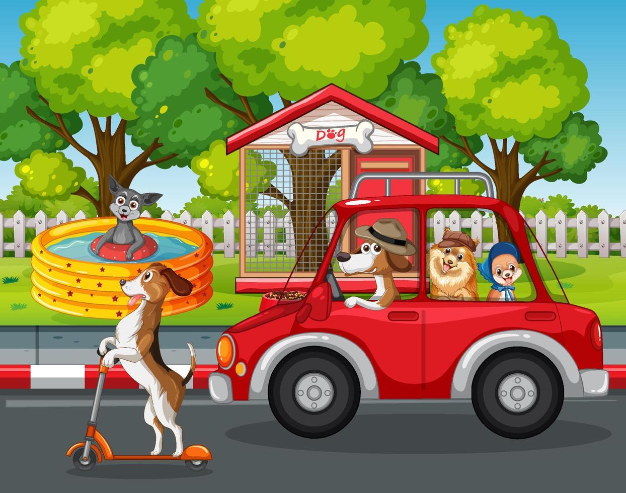 honden die een auto besturen en een hond die scooter speelt op de achtergrond van het park vector