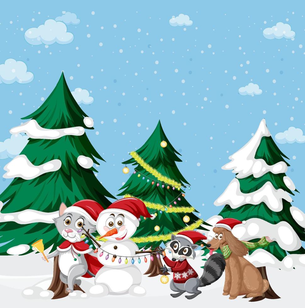 kerstthema met sneeuwpop en dieren vector