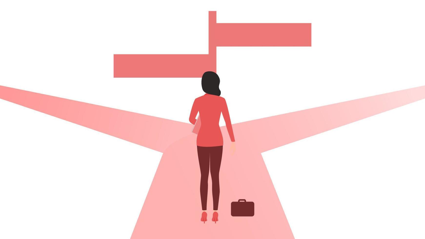 vrouw op kruispunt met bord. besluitvorming karakter illustratie, opstarten bedrijf karakter vectorillustratie. vector