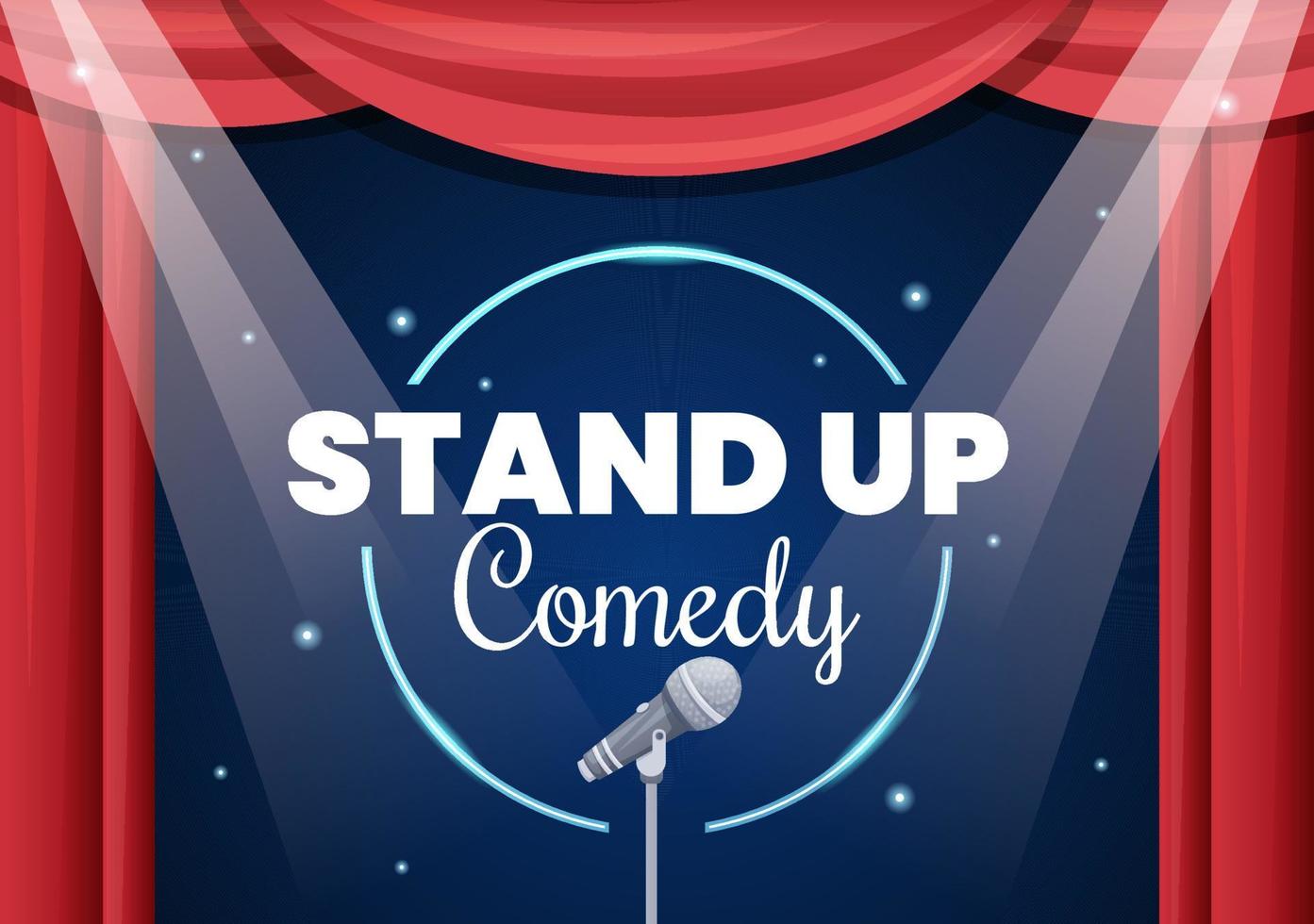 stand-up comedy show theaterscène met rode gordijnen en open microfoon voor komiek die op het podium optreedt in cartoonillustratie in vlakke stijl vector