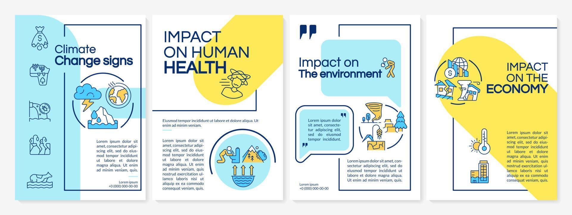 klimaatverandering effecten blauwe en gele brochure sjabloon. boekje afdrukontwerp met lineaire pictogrammen. vectorlay-outs voor presentatie, jaarverslagen, advertenties. questrial, lato-reguliere lettertypen gebruikt vector