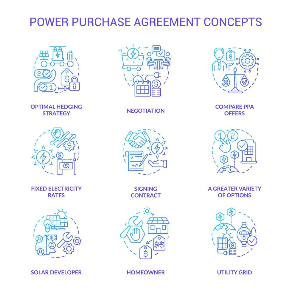 macht koopovereenkomst blauwe kleurovergang concept pictogrammen instellen. verkoop van elektriciteit. zakelijke relatie idee dunne lijn kleur illustraties. geïsoleerde symbolen. roboto-medium, talloze pro-bold lettertypen gebruikt vector