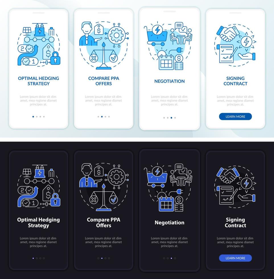 ppa werkt nacht- en dagmodus aan boord van mobiele app-scherm. elektrische stroomdoorloop 4 stappen grafische instructiepagina's met lineaire concepten. ui, ux, gui-sjabloon. talloze pro-bold, reguliere lettertypen gebruikt vector