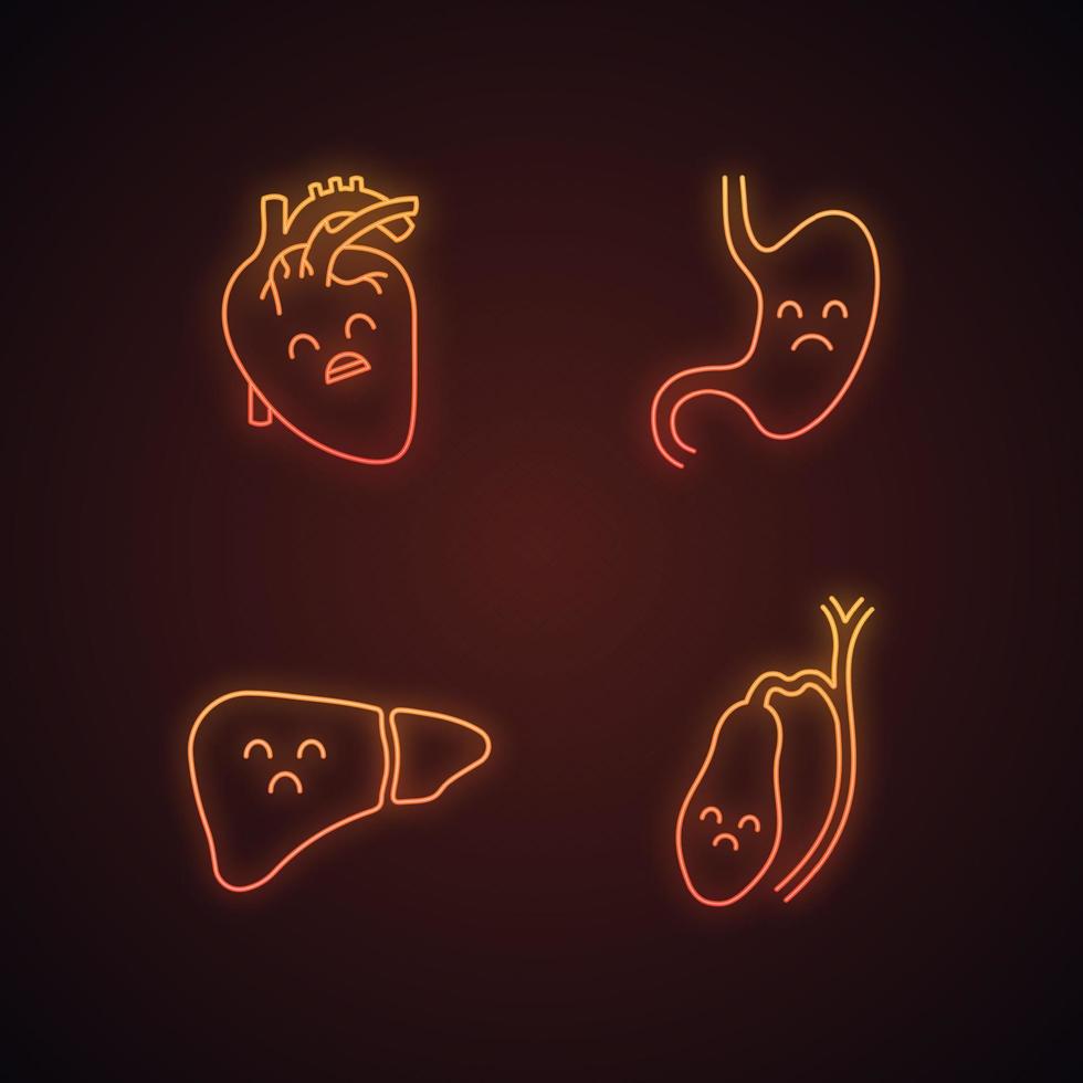 triest menselijke inwendige organen neonlicht iconen set. ongelukkig hart, maag, lever, galblaas. ongezonde cardiovasculaire en spijsverteringssystemen. gloeiende borden. geïsoleerde vectorillustraties vector