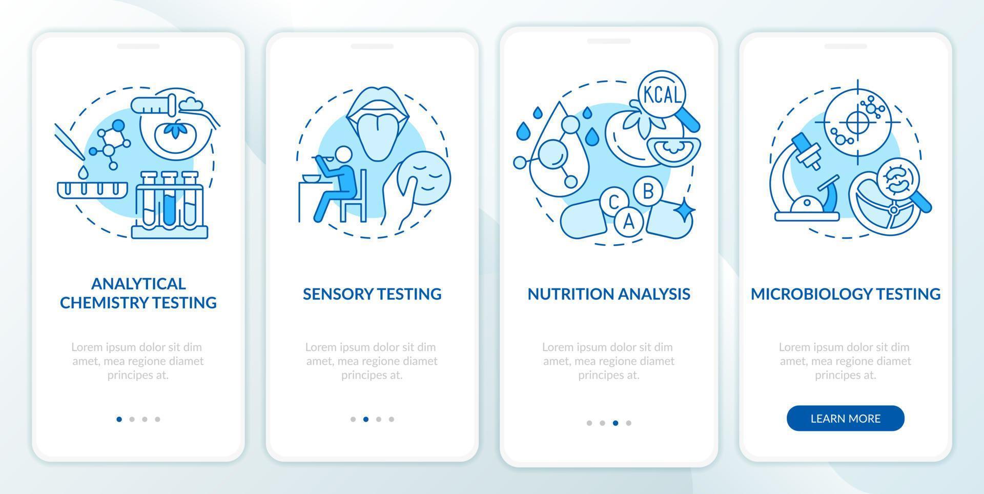 voedseltestprocedures blauw onboarding mobiel app-scherm. microbiologie walkthrough 4 stappen grafische instructiepagina's met lineaire concepten. ui, ux, gui-sjabloon. talloze pro-bold, reguliere lettertypen gebruikt vector