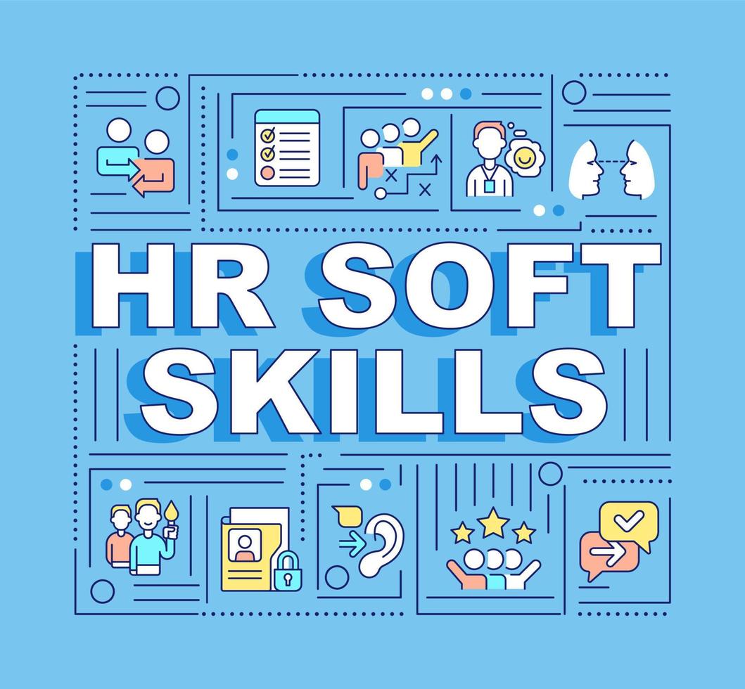 hr soft skills woord concepten blauwe banner. proces personeel aannemen. infographics met pictogrammen op een achtergrond in kleur. geïsoleerde typografie. vectorillustratie met tekst. arial-zwart lettertype gebruikt vector