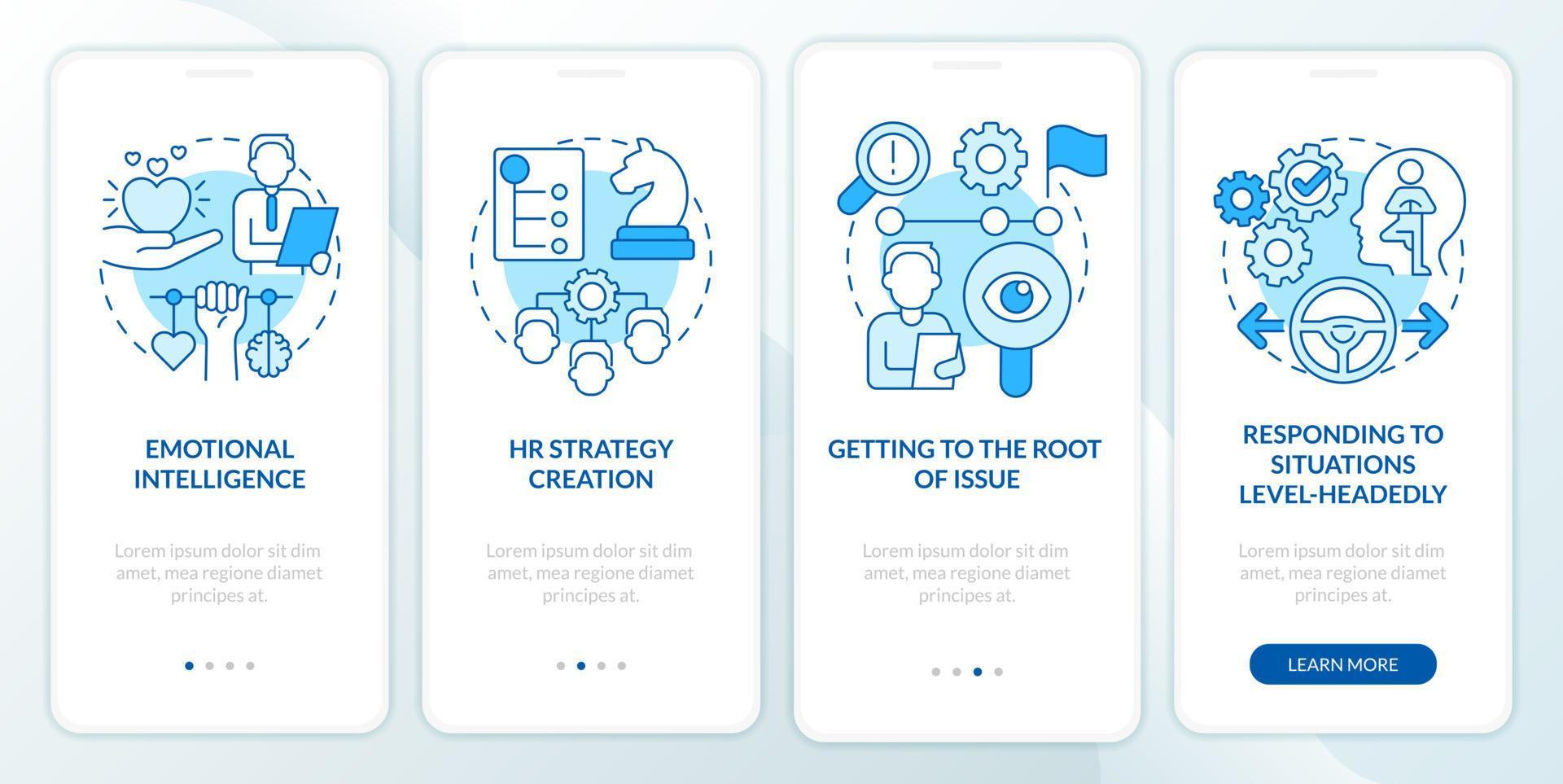 hr soft skills blauw onboarding mobiel app-scherm. inhuren werk walkthrough 4 stappen grafische instructie pagina's met lineaire concepten. ui, ux, gui-sjabloon. talloze pro-bold, reguliere lettertypen gebruikt vector