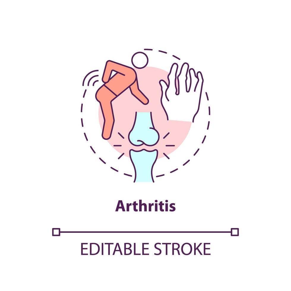 artritis concept icoon. gewrichtsaandoeningen veroorzaken abstracte idee dunne lijnillustratie. auto immuunziekte. chronische gewrichtspijn. geïsoleerde overzichtstekening. bewerkbare streek. arial, talloze pro-bold lettertypen gebruikt vector