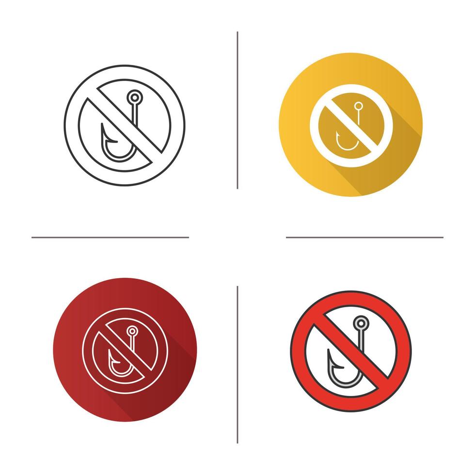 verboden bord met haak iconen set. plat ontwerp, lineaire, zwarte en kleurstijlen. geen visverbod. geïsoleerde vectorillustraties vector
