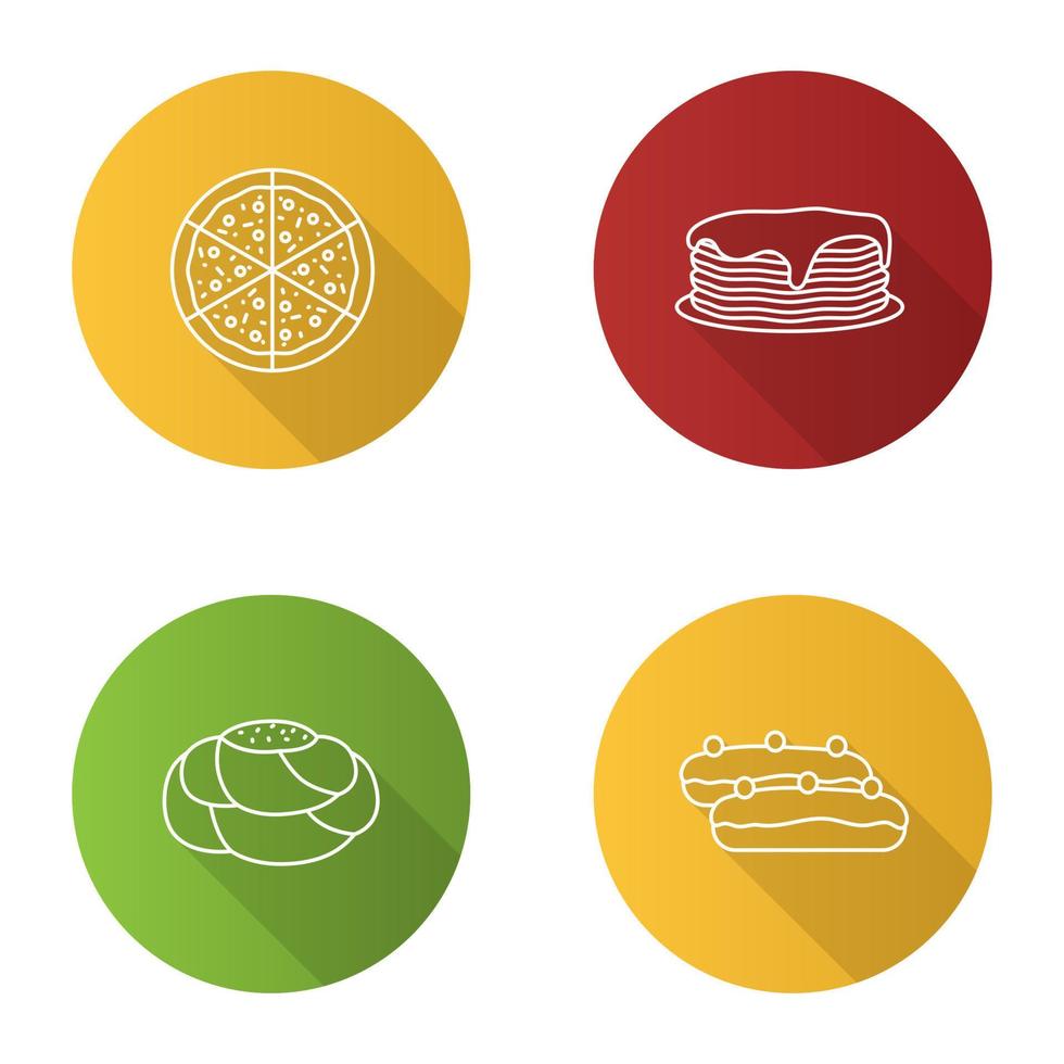 bakkerij vlakke lineaire lange schaduw iconen set. pizza, pannenkoekenstapel, banketbakkersbrood, eclair. vector overzicht illustratie