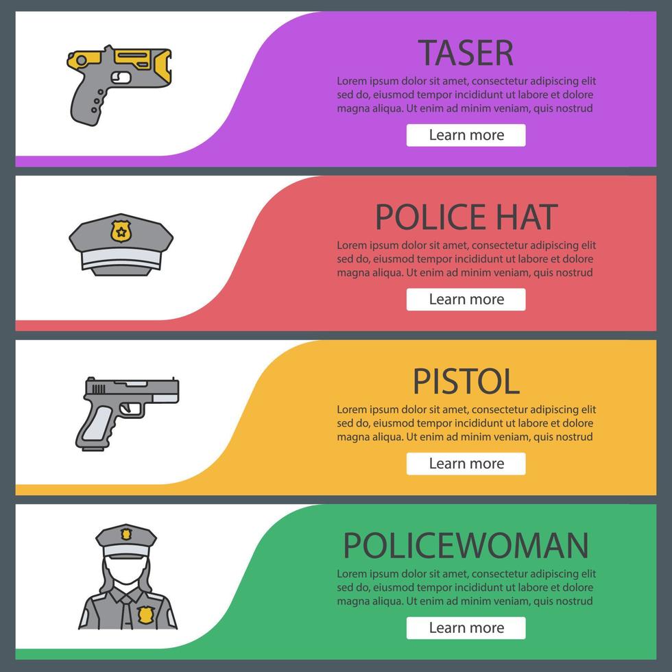 politie webbanner sjablonen set. taser, politiehoed, pistool, politieagente. website kleur menu-items. ontwerpconcepten voor vectorkoppen vector