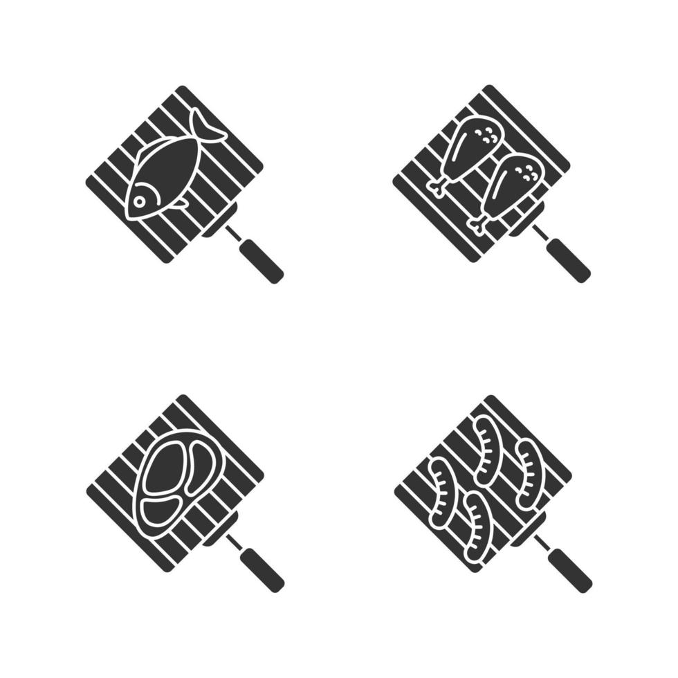 barbecue glyph pictogrammen instellen. barbecueën. handgrills met vis, kipdrumsticks, vleesbiefstuk en worstjes. silhouet symbolen. vector geïsoleerde illustratie