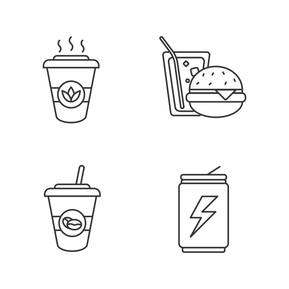 dranken lineaire pictogrammen instellen. afhaalkoffie en thee, energiedrank, frisdrank met burger. dunne lijn contour symbolen. geïsoleerde vectoroverzichtsillustraties vector