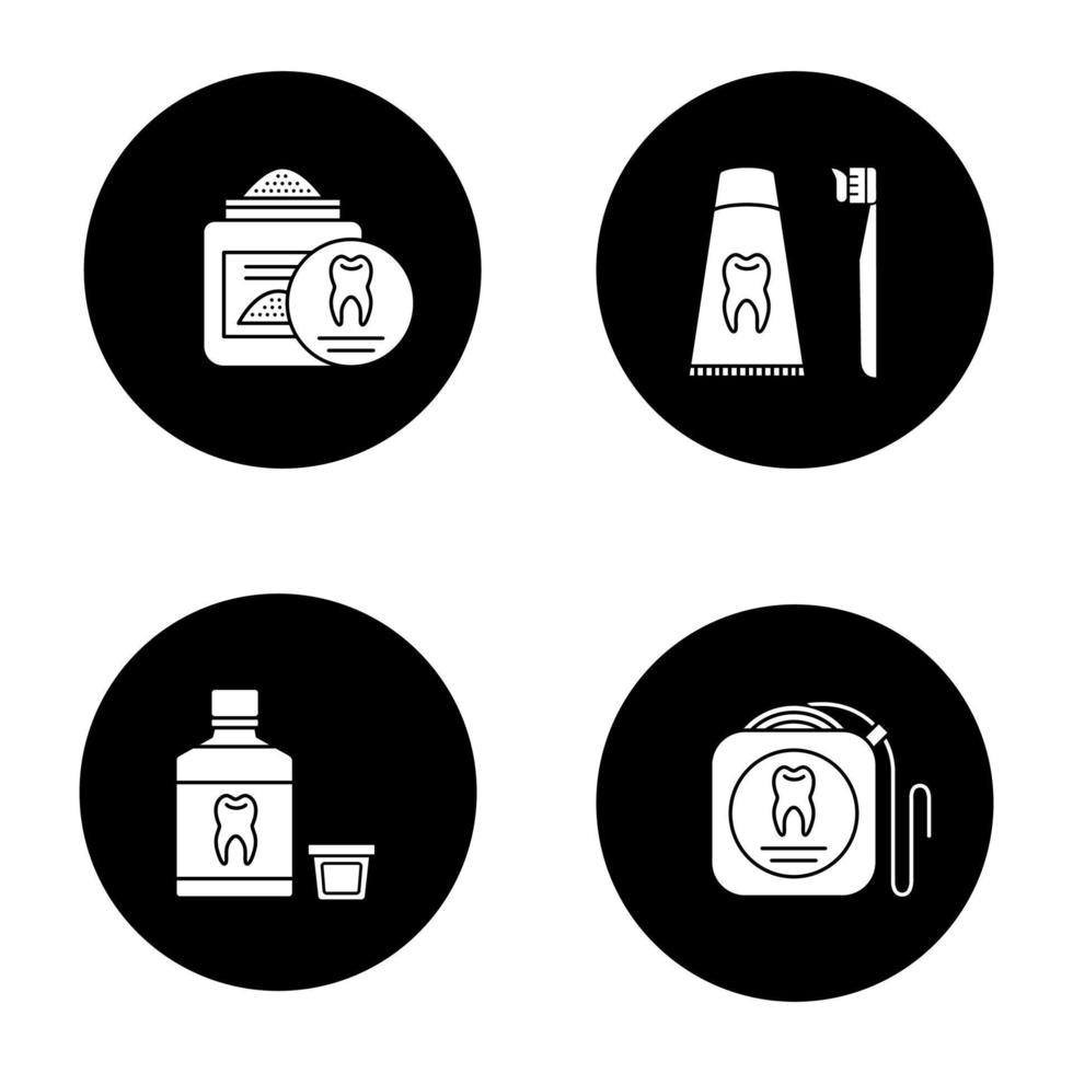 tandheelkunde glyph pictogrammen instellen. stomatologie. tandpoeder, tandzijde, mondwater, tandpasta en tandenborstel. vector witte silhouetten illustraties in zwarte cirkels