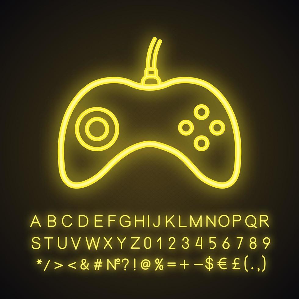 gamepad neonlichtpictogram. joystick. gloeiend bord met alfabet, cijfers en symbolen. vector geïsoleerde illustratie