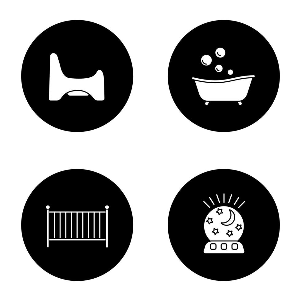 kinderopvang glyph pictogrammen instellen. potje stoel, badkuip, wieg, nachtlampje. vector witte silhouetten illustraties in zwarte cirkels