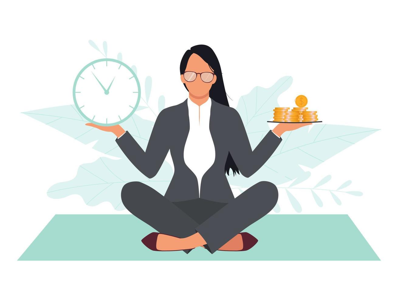 zelfdiscipline en tijdmanagementconcept. kantoor vrouw met klokken en geld op de weegschaal. vector illustratie