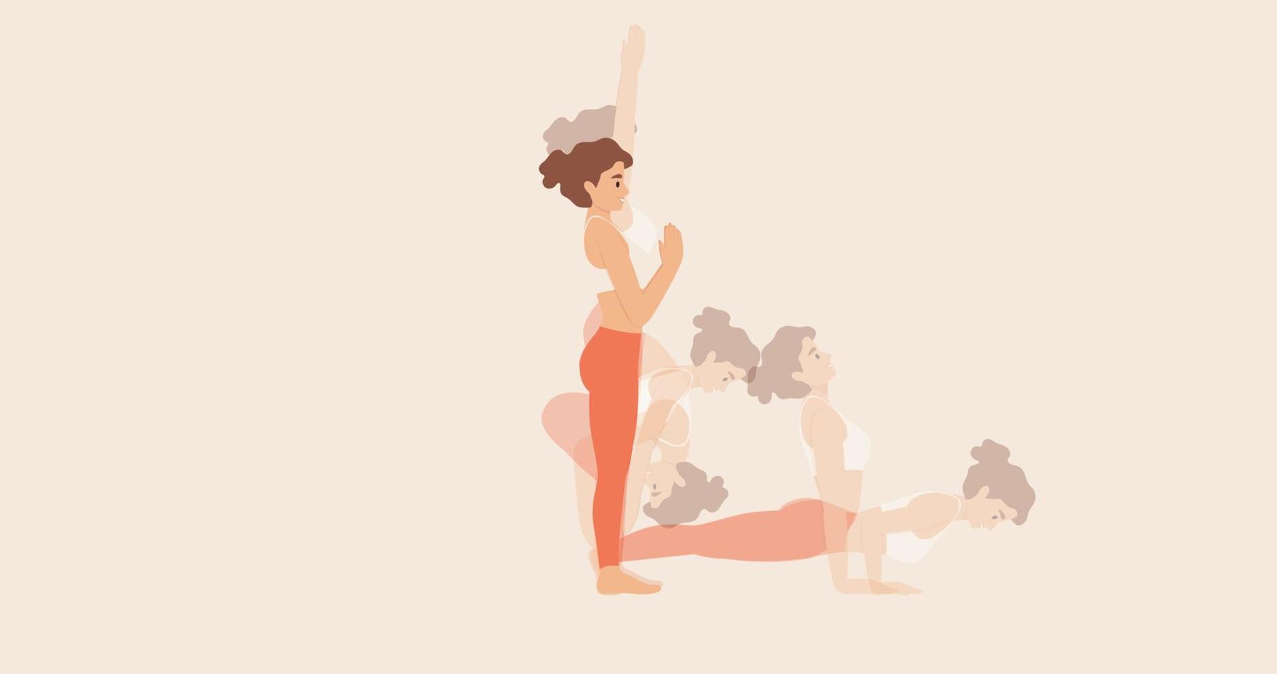 surya namaskar of zonnegroet yoga poses volgorde. Ashtanga yoga houdingen ingesteld. gymnastiek voor de longen, ademhalingsoefeningen. vector illustratie