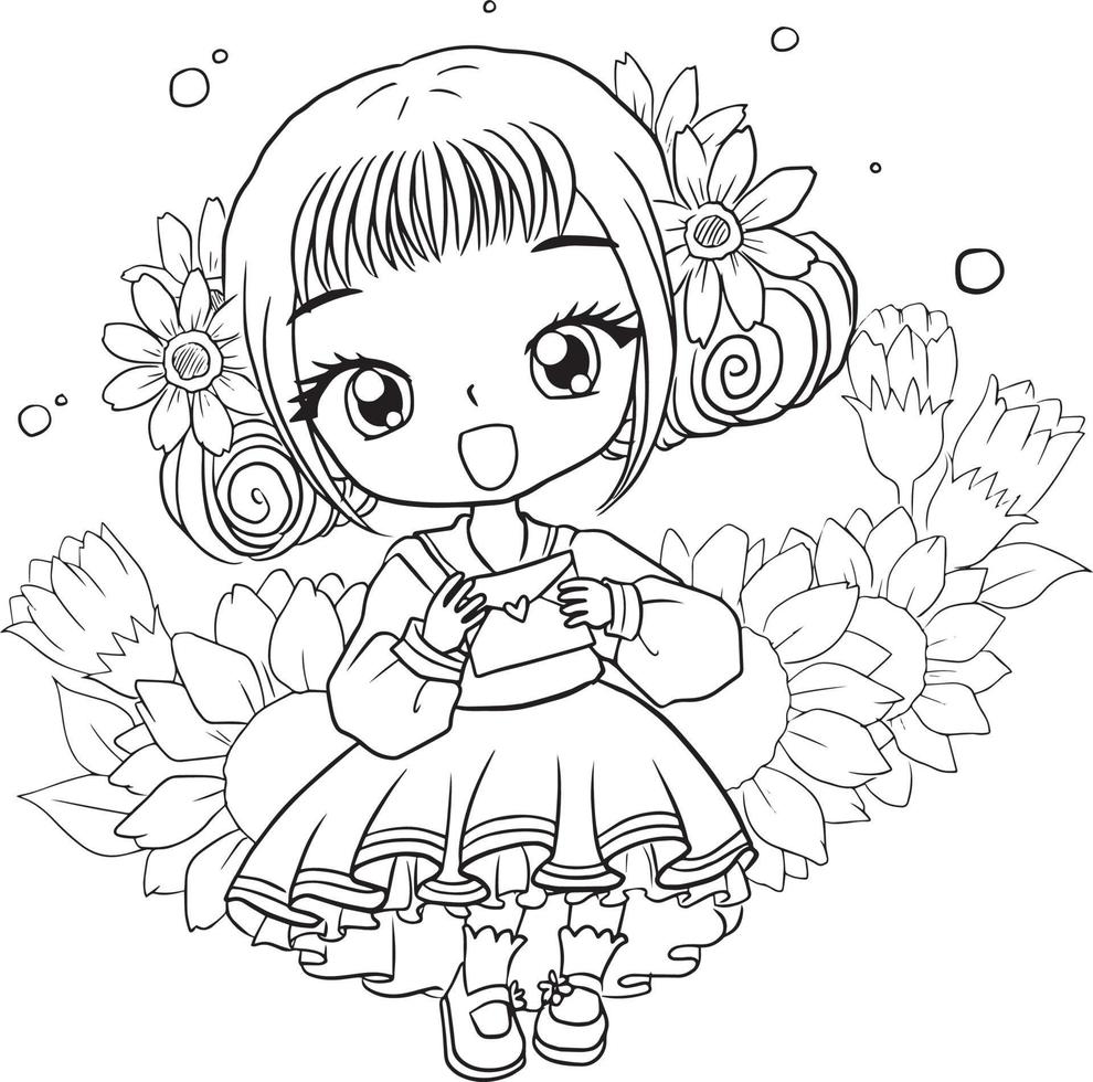 kleurplaat prinses kawaii stijl schattig anime cartoon tekening illustratie vector doodle