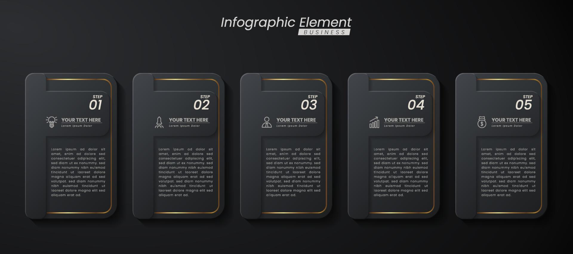 donkere gouden elegante infographic 3D-vector sjabloon met stappen voor succes. presentatie met pictogrammen van lijnelementen. bedrijfsconceptontwerp kan worden gebruikt voor web-, brochure-, diagram-, grafiek- of bannerlay-out vector