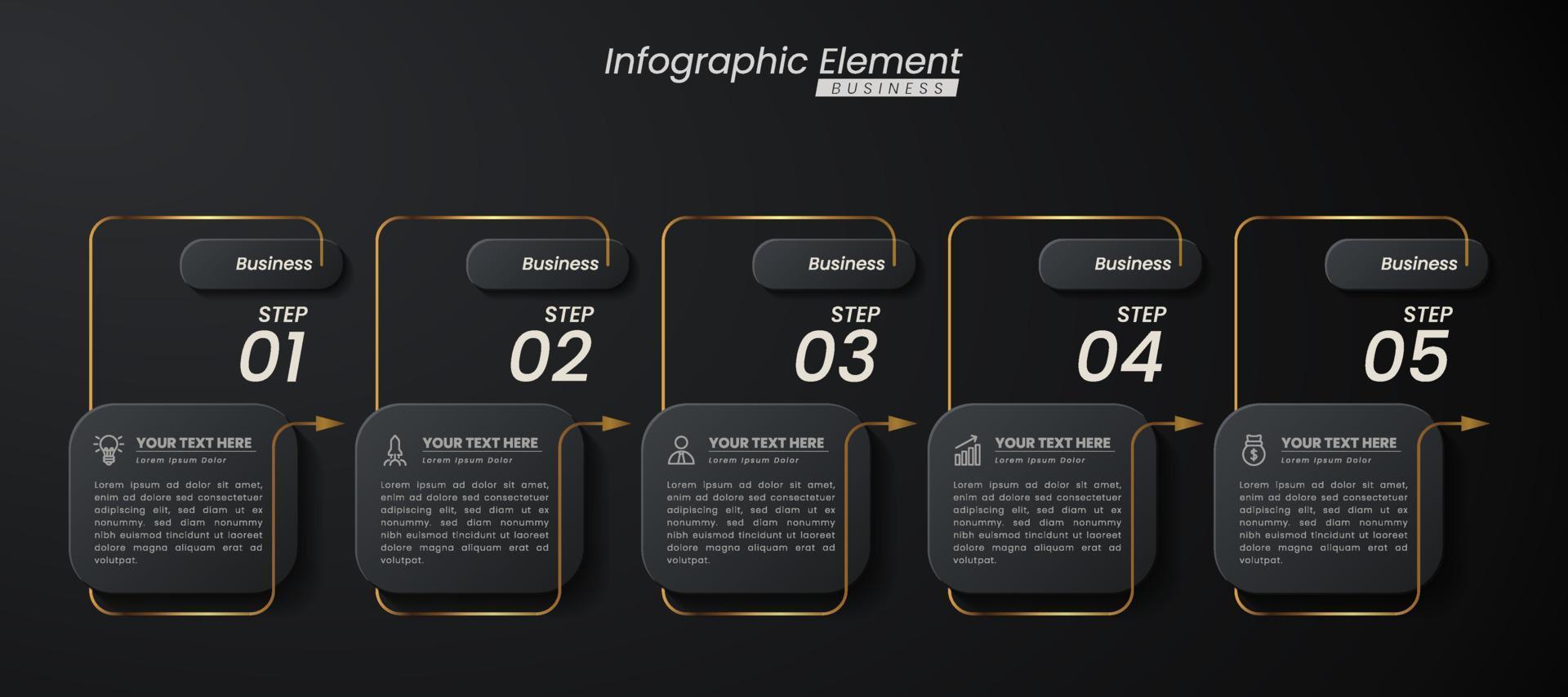 donkere gouden elegante infographic 3D-vector sjabloon met stappen voor succes. presentatie met pictogrammen van lijnelementen. bedrijfsconceptontwerp kan worden gebruikt voor web-, brochure-, diagram-, grafiek- of bannerlay-out vector