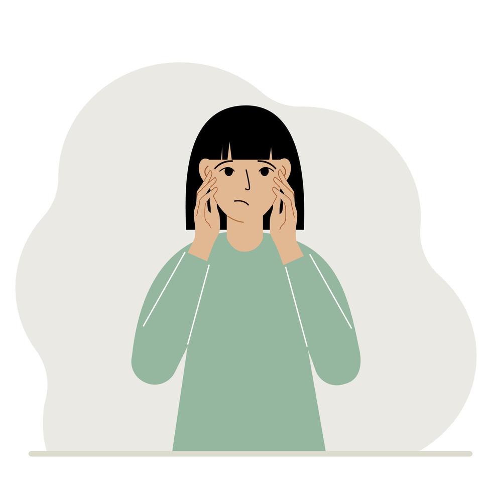 ongelukkige vrouw die zijn hoofd met zijn handen vasthoudt. emoties en lichaamstaal concept. stress, spanning en migraine concept. platte vectorillustratie vector