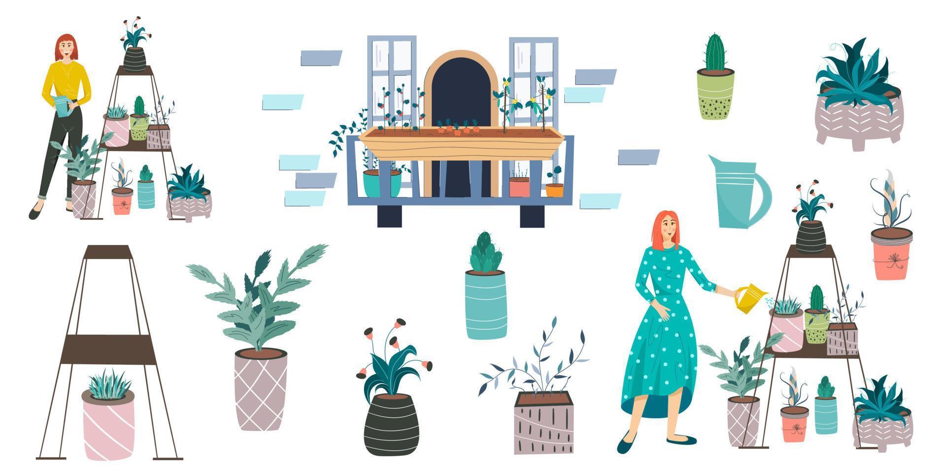 balkon tuin, bloem en vrouw set. stadstuin op het balkon hobby voor meisjes. platte vectorillustratie. vector illustratie ontwerp