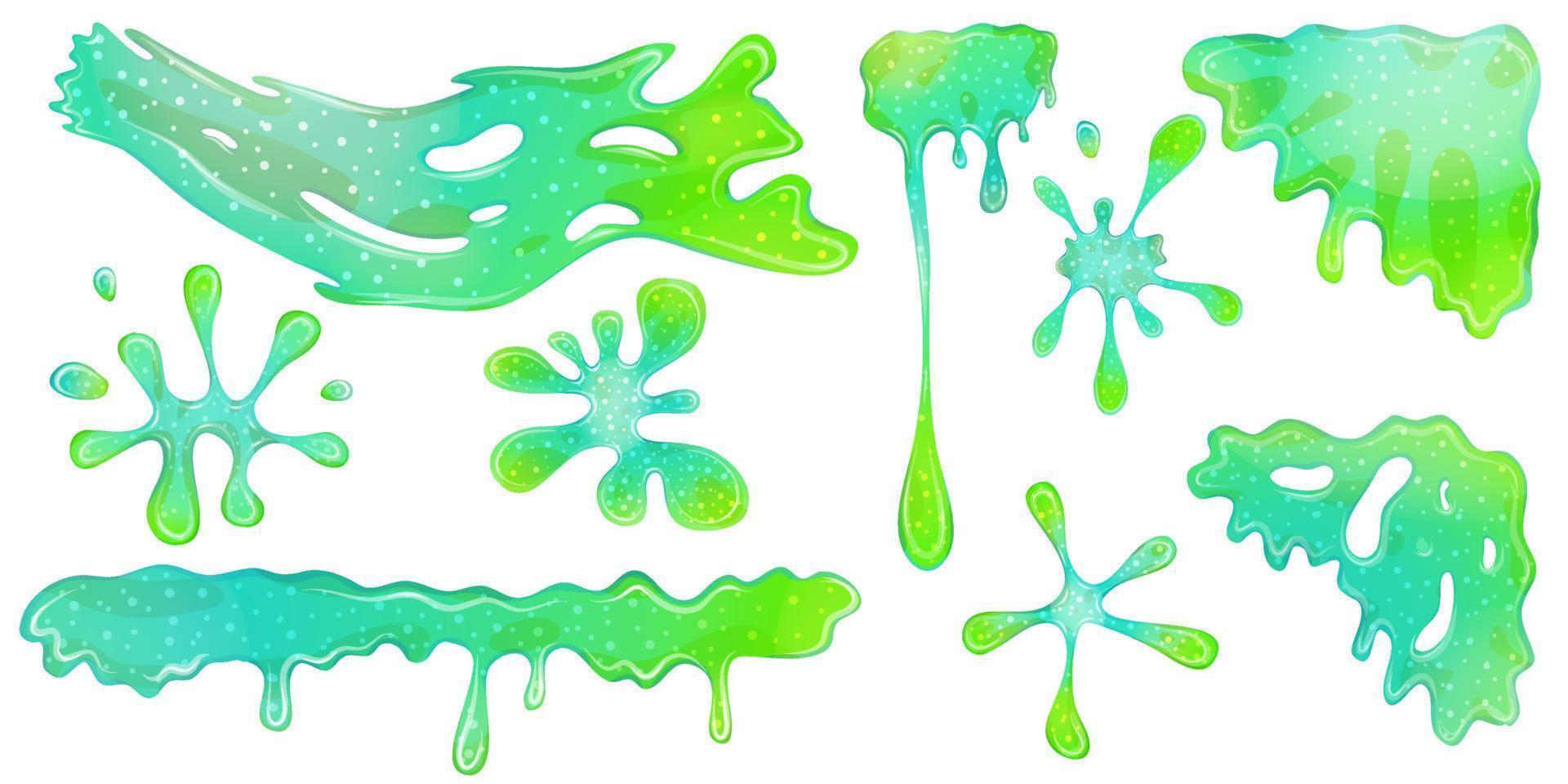 druipende groene goo slimes geïsoleerd in set. slimes zijn hoek en plons, stroom van muscus. groene kleurrijke gelei om te spelen. cartoon vectorillustratie. vector