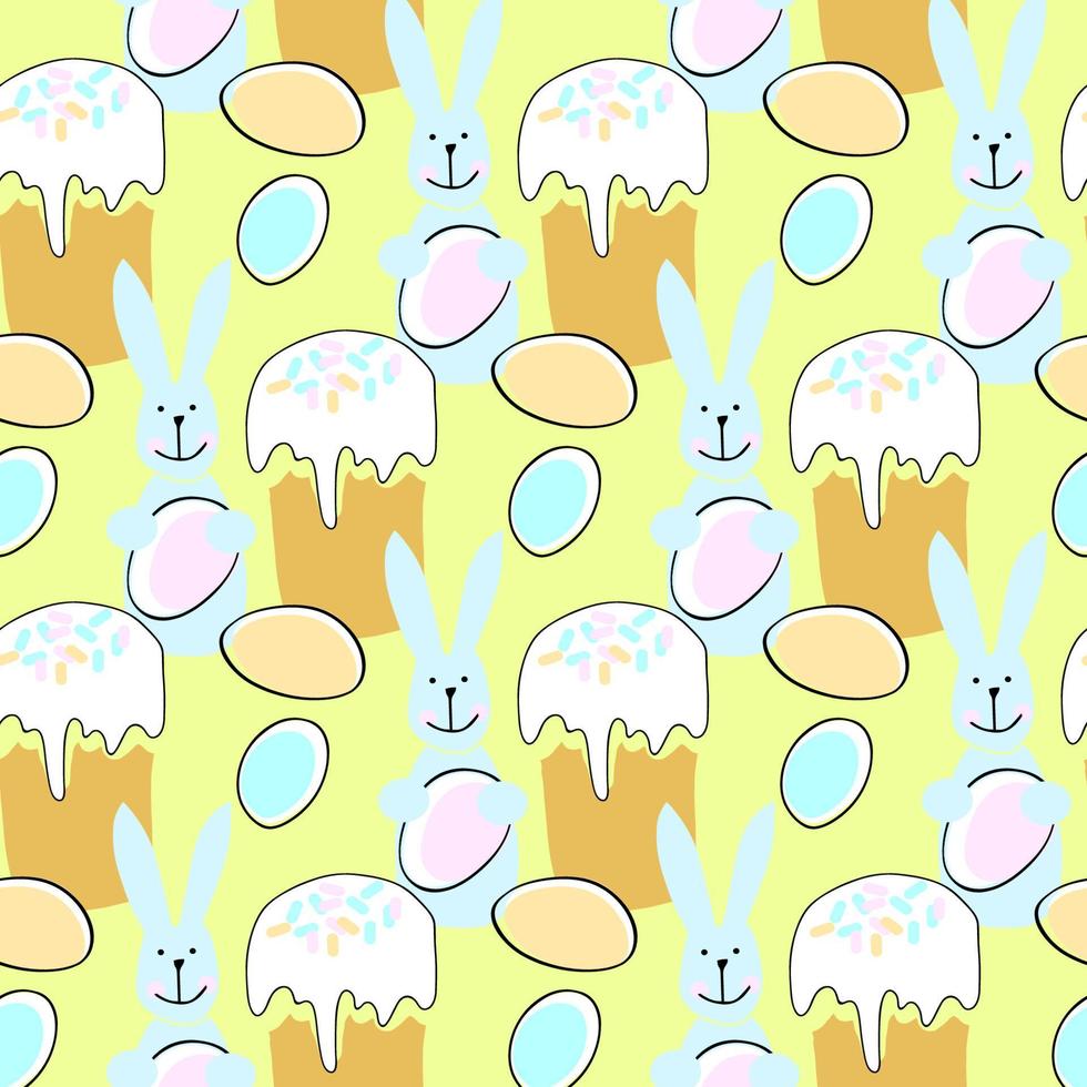 naadloos patroon met paasillustratie met konijntje, paascake en ei op gele achtergrond vector