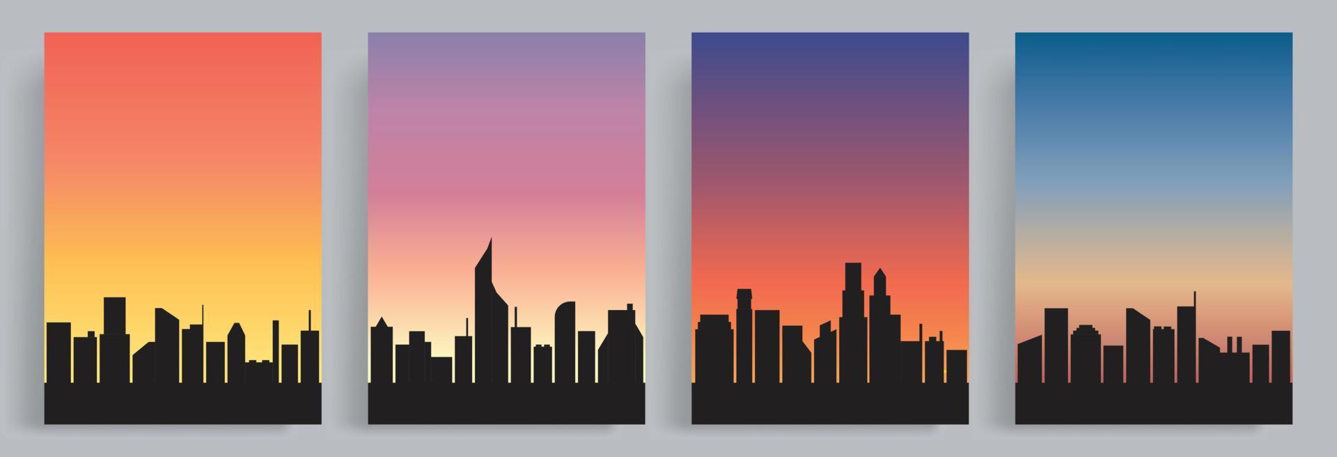 silhouet van de stad met prachtige zonsondergang achtergrond in 4 verschillende kleuren. illustratie van moderne stedelijke stadstorens en wolkenkrabbers. geschikt voor flyers, boekomslag, decoratie, post op sociale media. vector