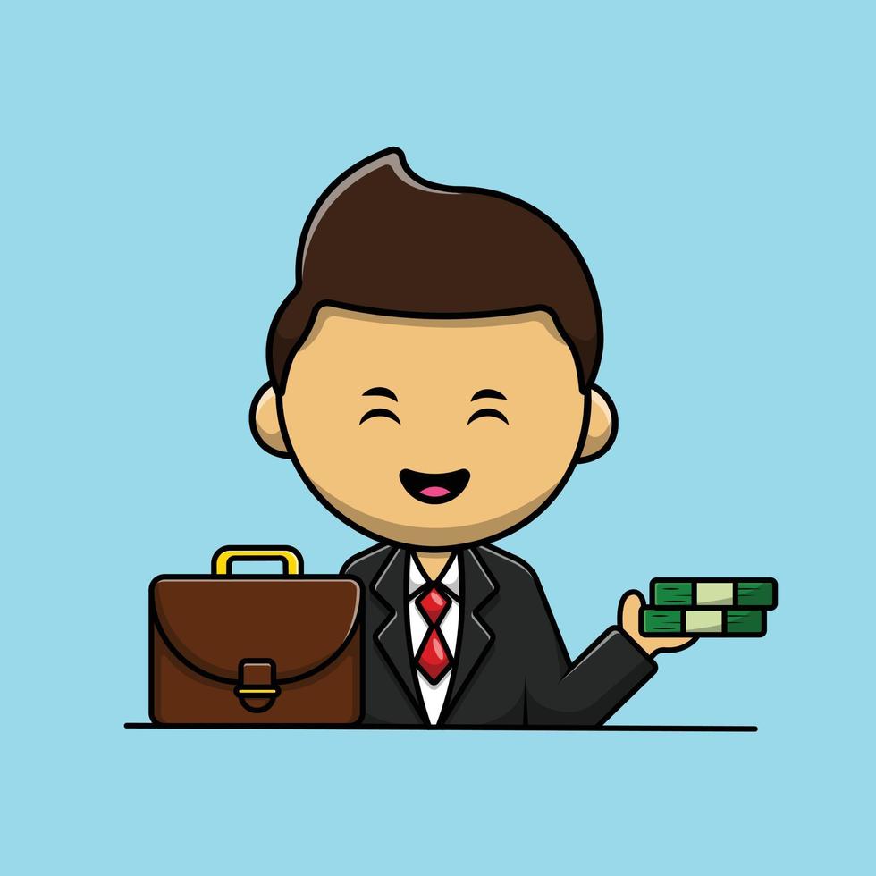 zakenman met geld en koffer cartoon vector pictogram illustratie. mensen bussines pictogram concept geïsoleerde premium vector.