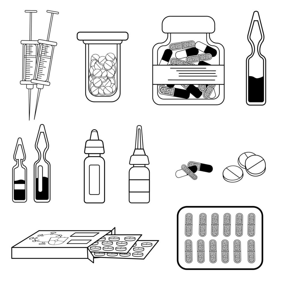 een reeks pictogrammen voor pillen en medicijnen, een verzameling eenvoudige vectoren in één kleur