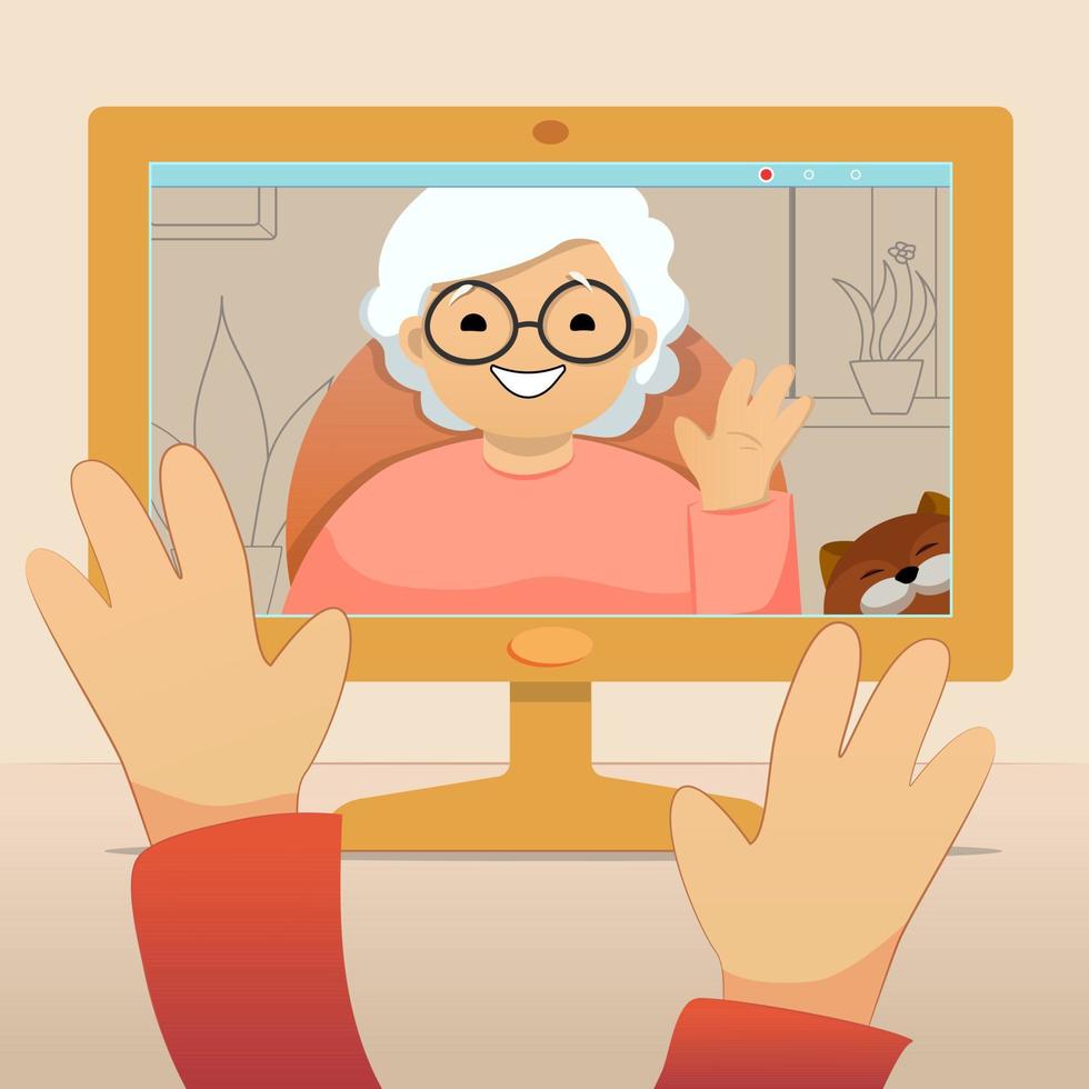 een grootmoeder met een kat praat met haar familie via videocommunicatie via een computer Vectorbeelden vector
