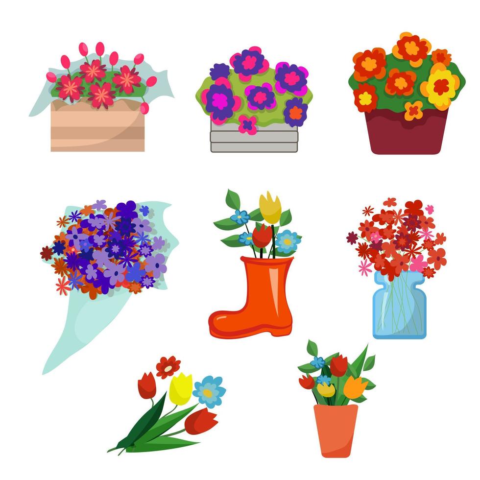 een set bloemboeketten. bloemen in potten, in een pot, in een rubberen laars, in een doos, in een zak. vector collectie op witte achtergrond