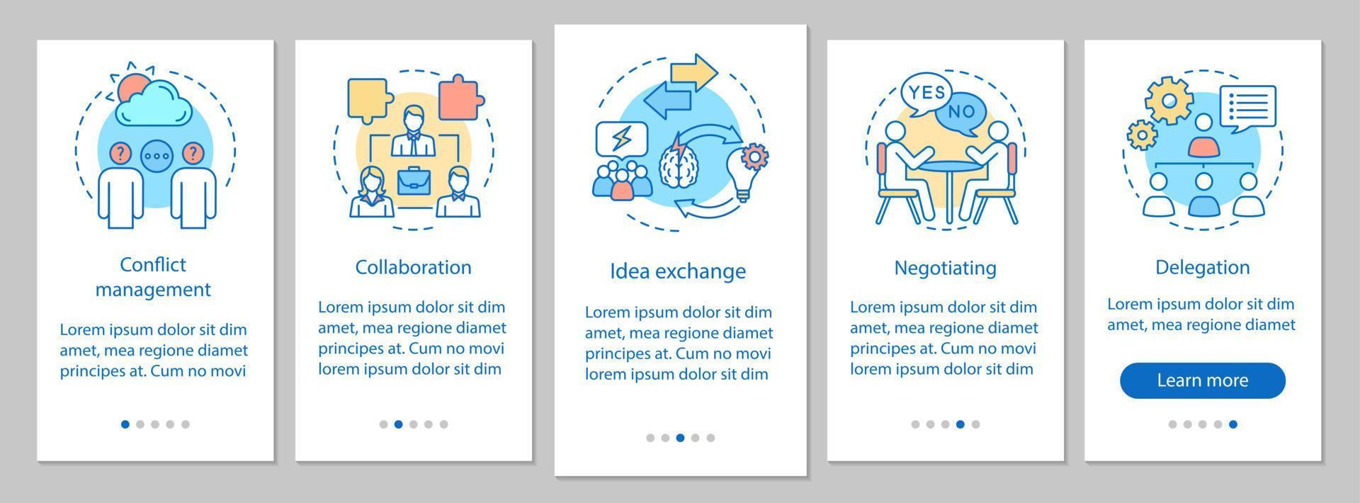 managementvaardigheden en -kwaliteiten onboarding mobiele app-paginaschermvectorsjabloon. werkgelegenheid walkthrough website stappen met lineaire illustraties. onderhandelen. ux, ui, gui smartphone-interfaceconcept vector