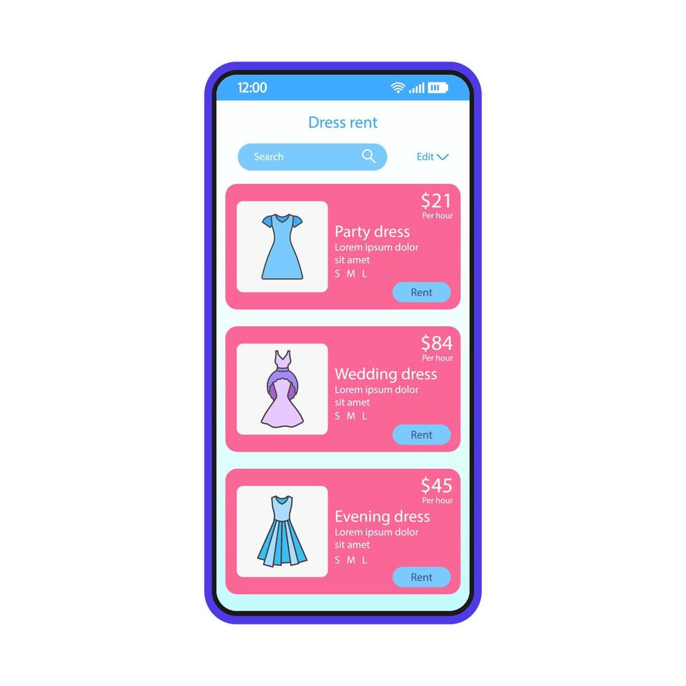 kleding verhuur app smartphone interface vector sjabloon. mobiele winkeltoepassingspagina blauwe ontwerplay-out. feest, bruiloft, avondjurken huurscherm. platte ui. outfit online advertenties lijst telefoon display