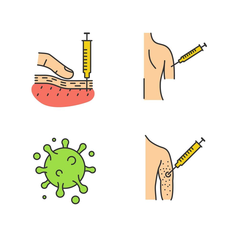 vaccinatie en immunisatie gekleurde pictogrammen instellen. subcutane injectie, griepprik, griepvirus, vaccinallergie. geïsoleerde vectorillustraties vector