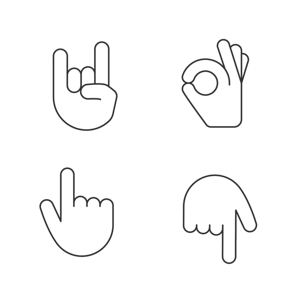 handgebaar emojis lineaire pictogrammen instellen. dunne lijn contour symbolen. rock, heavy metal, ok, goedkeuringsgebaar. backhand index die op en neer wijst. geïsoleerde vectoroverzichtsillustraties. bewerkbare streek vector