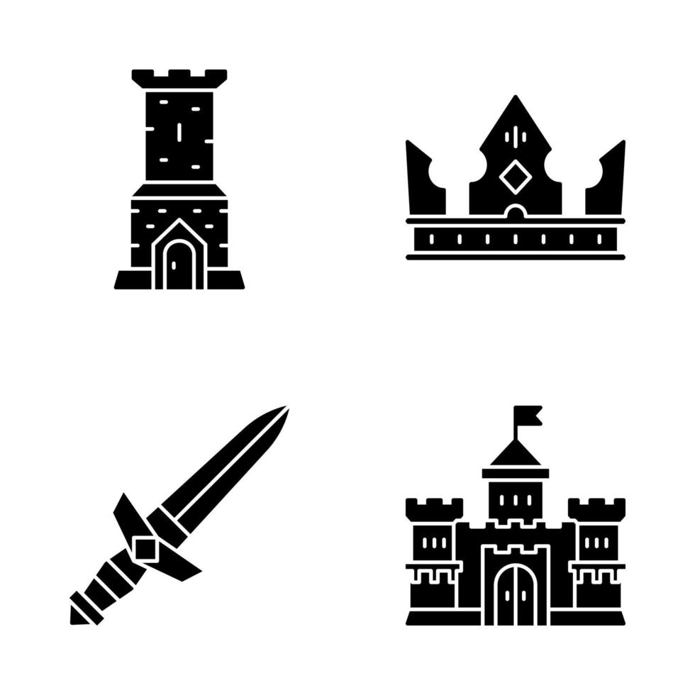 middeleeuwse glyph pictogrammen instellen. kasteeltoren, koningskroon, metalen zwaard, kasteel van de heer. silhouet symbolen. vector geïsoleerde illustratie