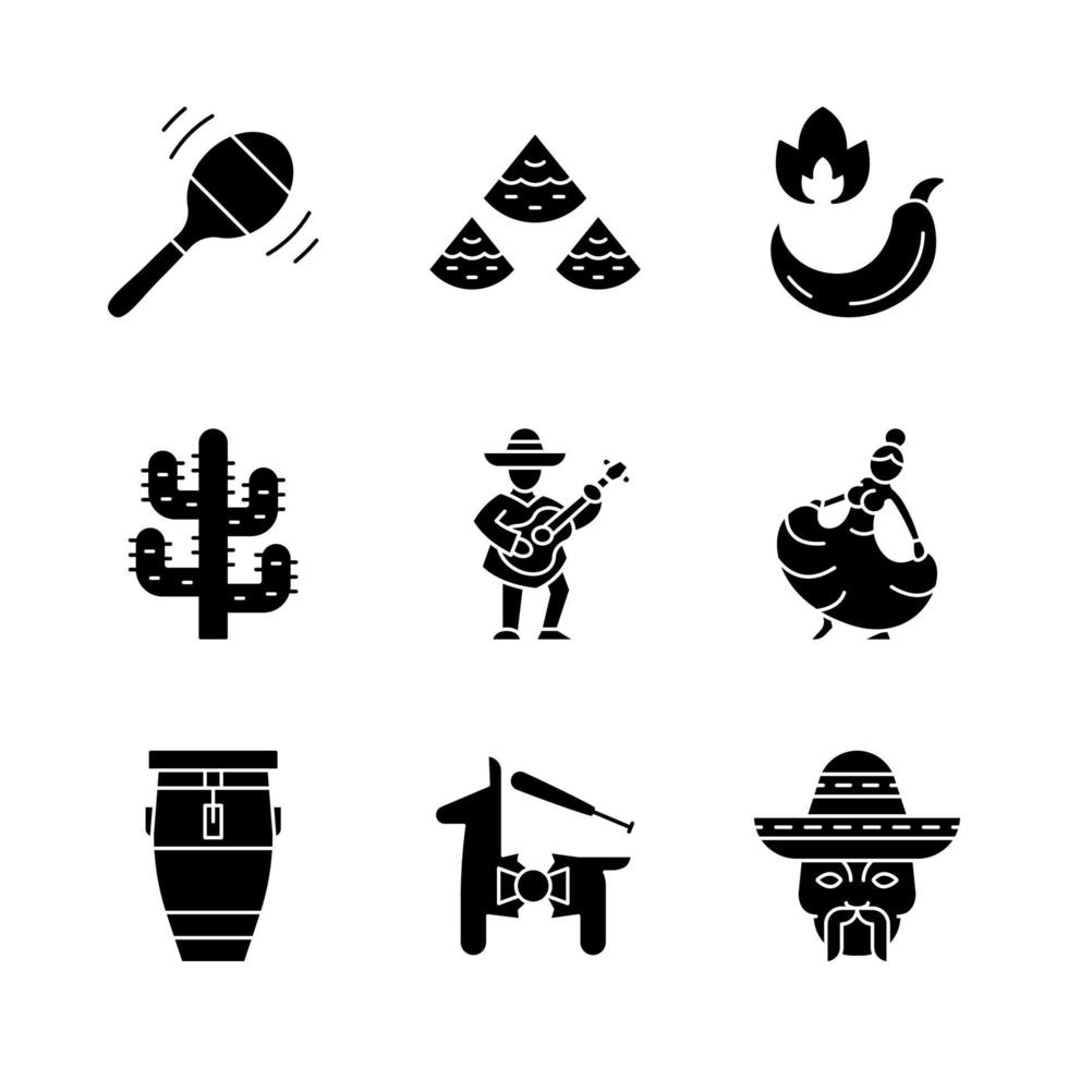 Mexicaanse glyph pictogrammen instellen. Latijns-Amerikaanse nationale muziek, dans, eten, natuur, plezier, mensen. cinco de mayo-festival. silhouet symbolen. vector geïsoleerde illustratie