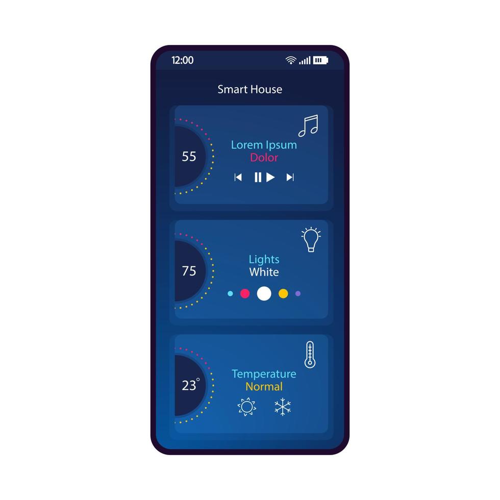 slimme huis app smartphone interface vector sjabloon. mobiele pagina blauwe ontwerplay-out. licht, verwarming, muziek afstandsbediening scherm. platte ui voor toepassing. domotica systeem. telefoon display