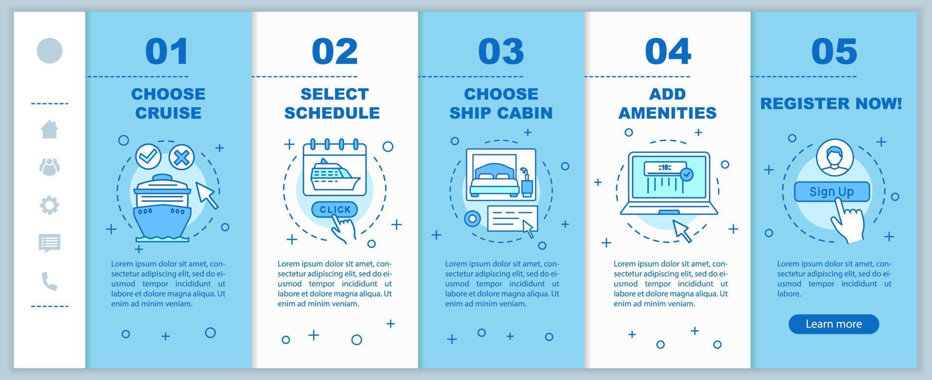 online cruise boeken onboarding mobiele webpagina's vector sjabloon. kies schema, voeg voorzieningen toe. responsief smartphone-website-interface-idee. webpagina walkthrough stap schermen. kleur concept