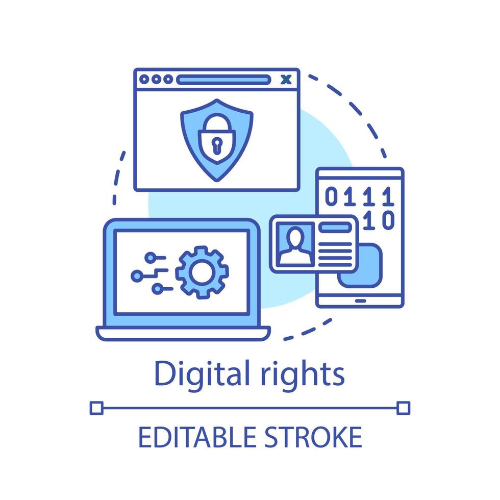 digitale rechten concept icoon. intellectuele eigendom bescherming idee dunne lijn illustratie. cyberbeveiliging. schending van het auteursrecht. internet hacken. vector geïsoleerde overzichtstekening. bewerkbare streek