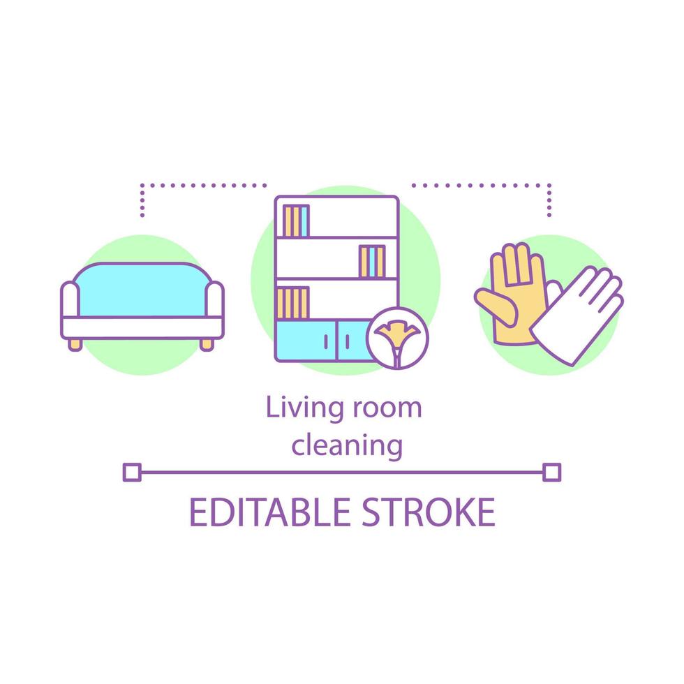 woonkamer schoonmaak concept icoon. huis opruimen idee dunne lijn illustratie. stomerij van de bank. rommel opruimen. dweilen, vegen, afstoffen. vector geïsoleerde overzichtstekening. bewerkbare streek