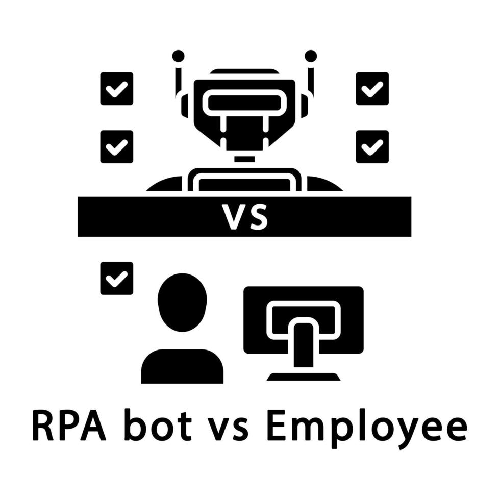 rpa bot vs werknemer glyph icoon. voordelen van het gebruik van robots. moderne technologieën versus traditioneel werk. robotachtige procesautomatisering. silhouet symbool. negatieve ruimte. vector geïsoleerde illustratie