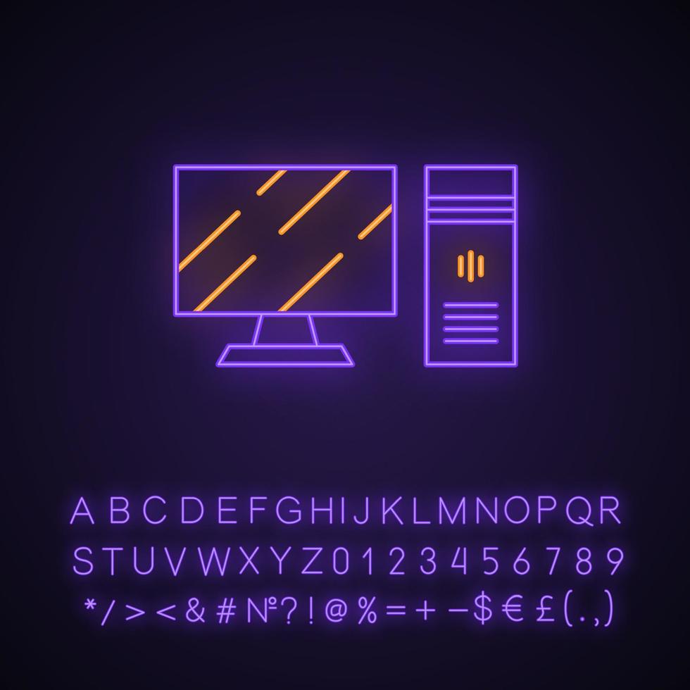 spelcomputer en monitor neonlichtpictogram. esports-hardware. apparaten voor videogames. desktop computer. gloeiend bord met alfabet, cijfers en symbolen. vector geïsoleerde illustratie