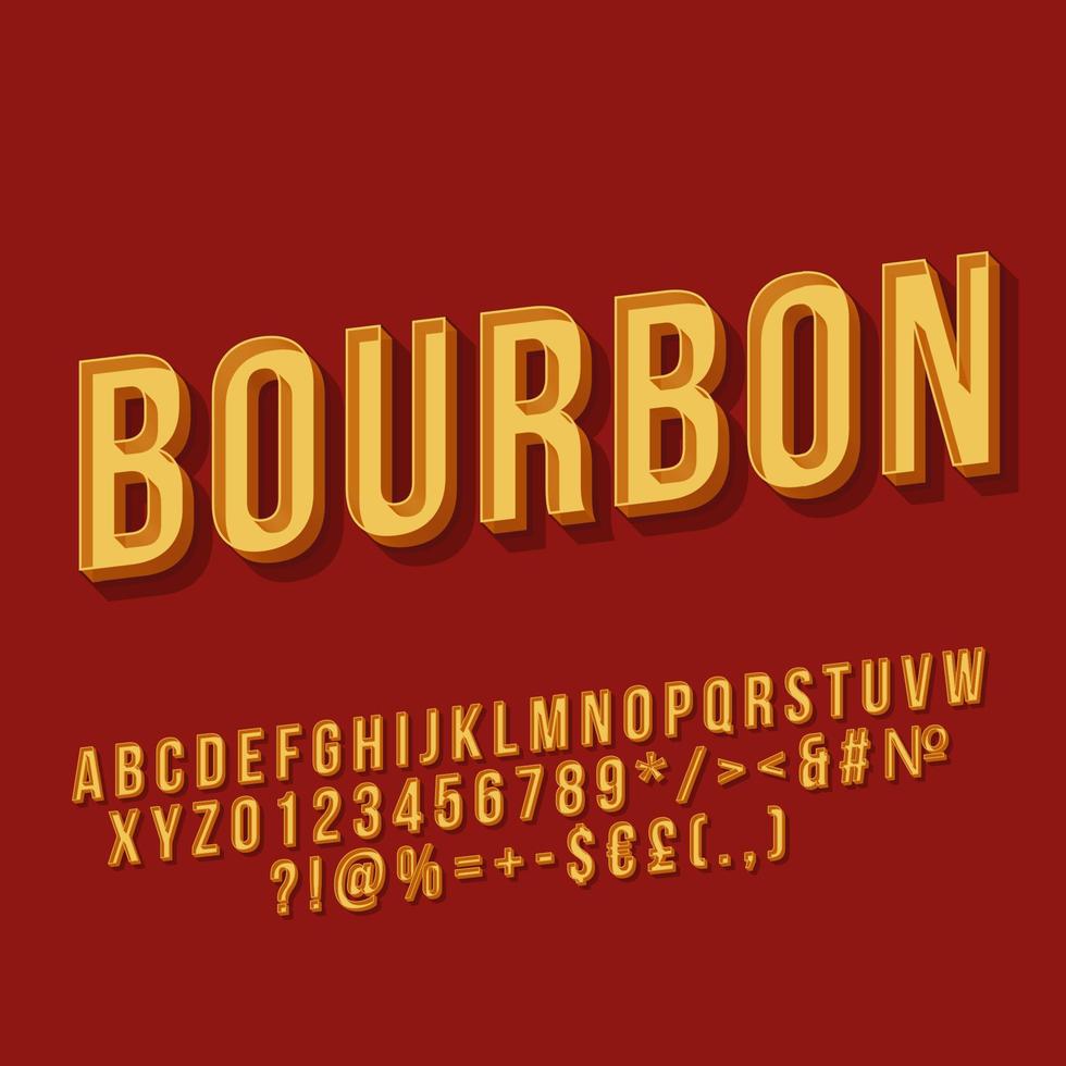 bourbon vintage 3D-vector belettering. retro vet lettertype. popart gestileerde tekst. old school stijl letters, cijfers, symbolen pack. 90s, 80s poster, banner typografieontwerp. donkerrode kleur achtergrond vector