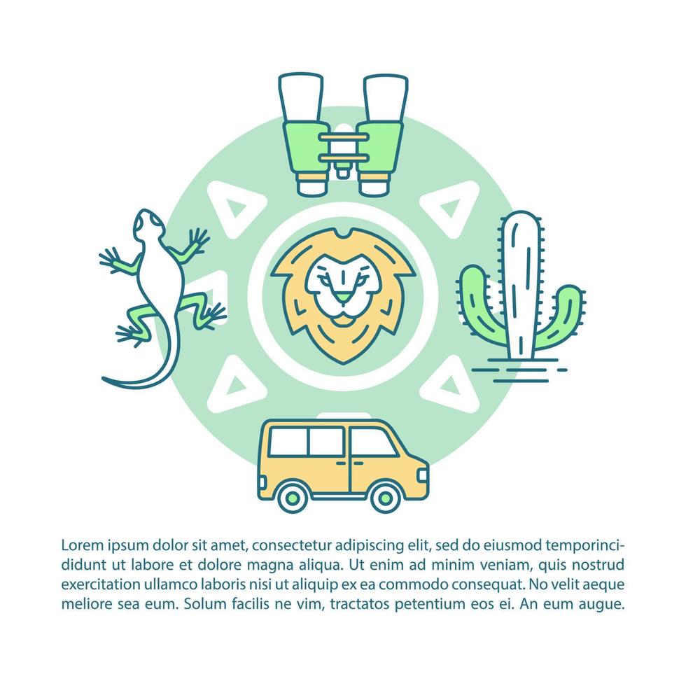 vectorsjabloon voor dieren in het wild en safari. reizend. brochure, tijdschrift, boekje ontwerpelement met lineaire pictogrammen en tekstvakken. print ontwerp. conceptillustraties met tekstruimte vector