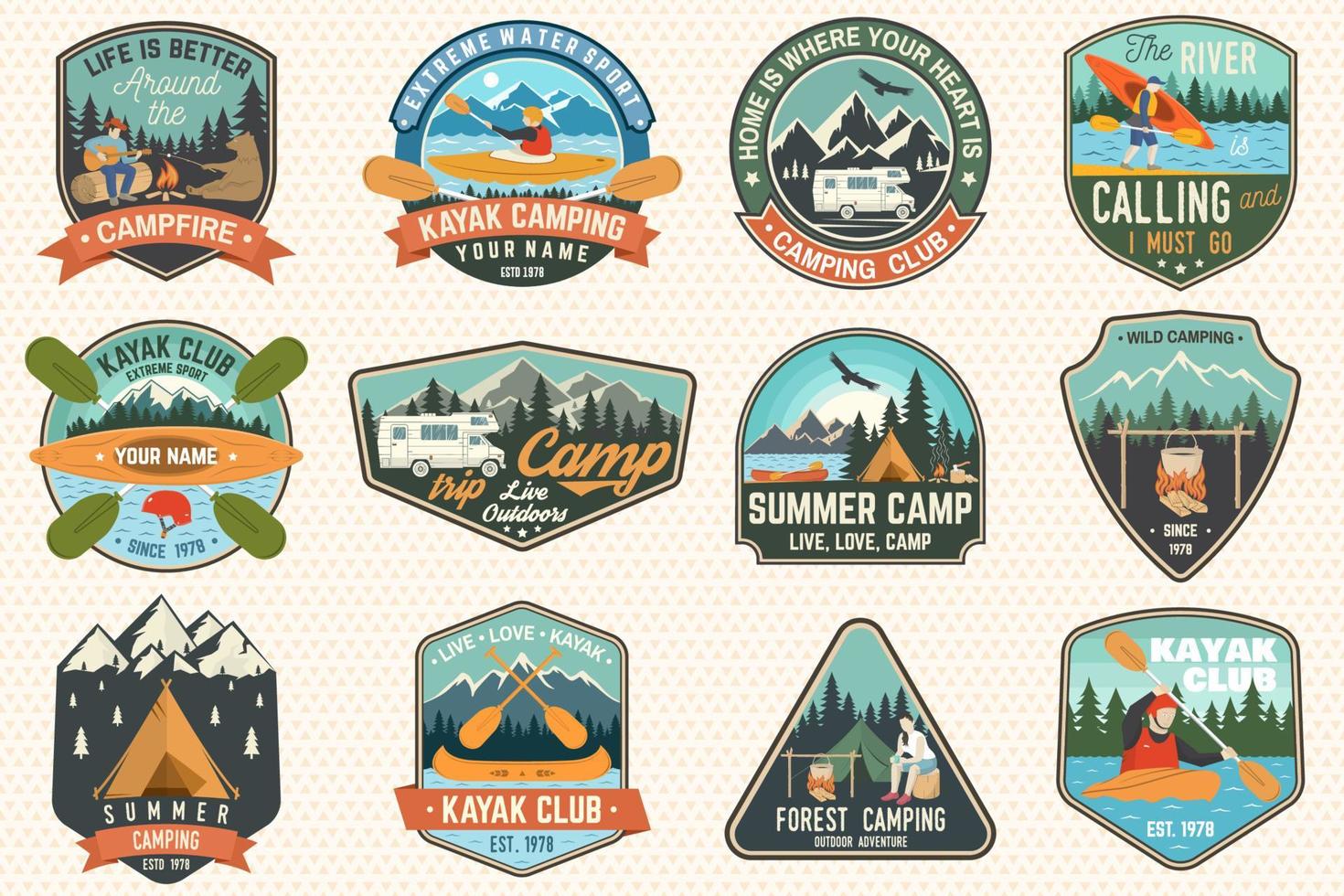 set zomerkamp-, kano- en kajakclubbadges. vector. concept voor patch. retro design met camping, berg, rivier, amerikaanse indiaan en kajakker silhouet. extreme watersport kajak patches vector