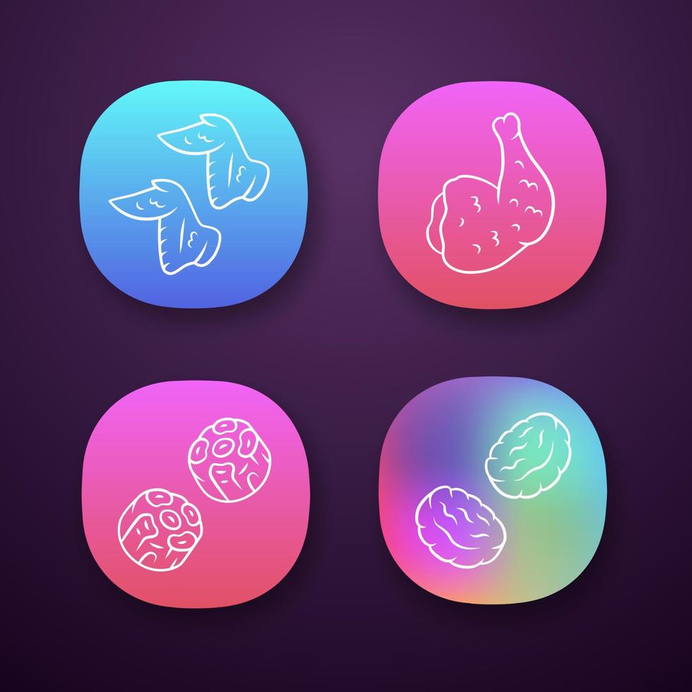 slagers vlees app pictogrammen instellen. kippenvleugels, ham, burgerpasteitjes, ossenstaartjes. slagerij bedrijf. productie en verkoop van vlees. ui ux-gebruikersinterface. web- of mobiele applicaties. geïsoleerde vectorillustraties vector
